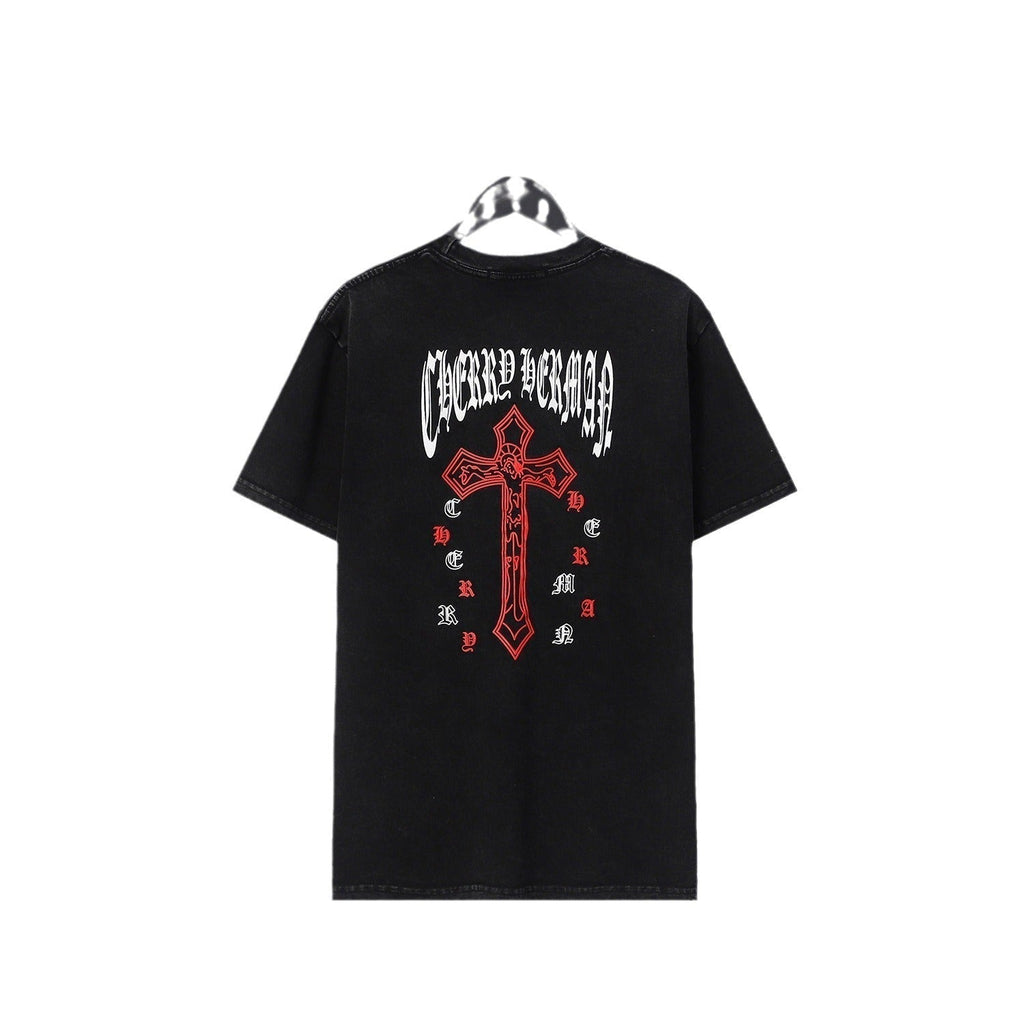 Chrome Heart T Shirts Cross Sanskrit Printed Crew Neck Washed Short Sleeve Fashion T-Shirt